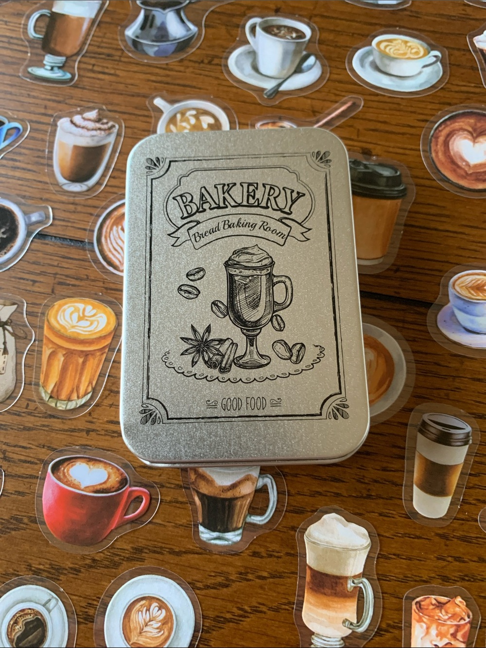 Metal Tin 100 Piece Vinyl Stickers Coffee Bakery 3.5x2.5” Tin